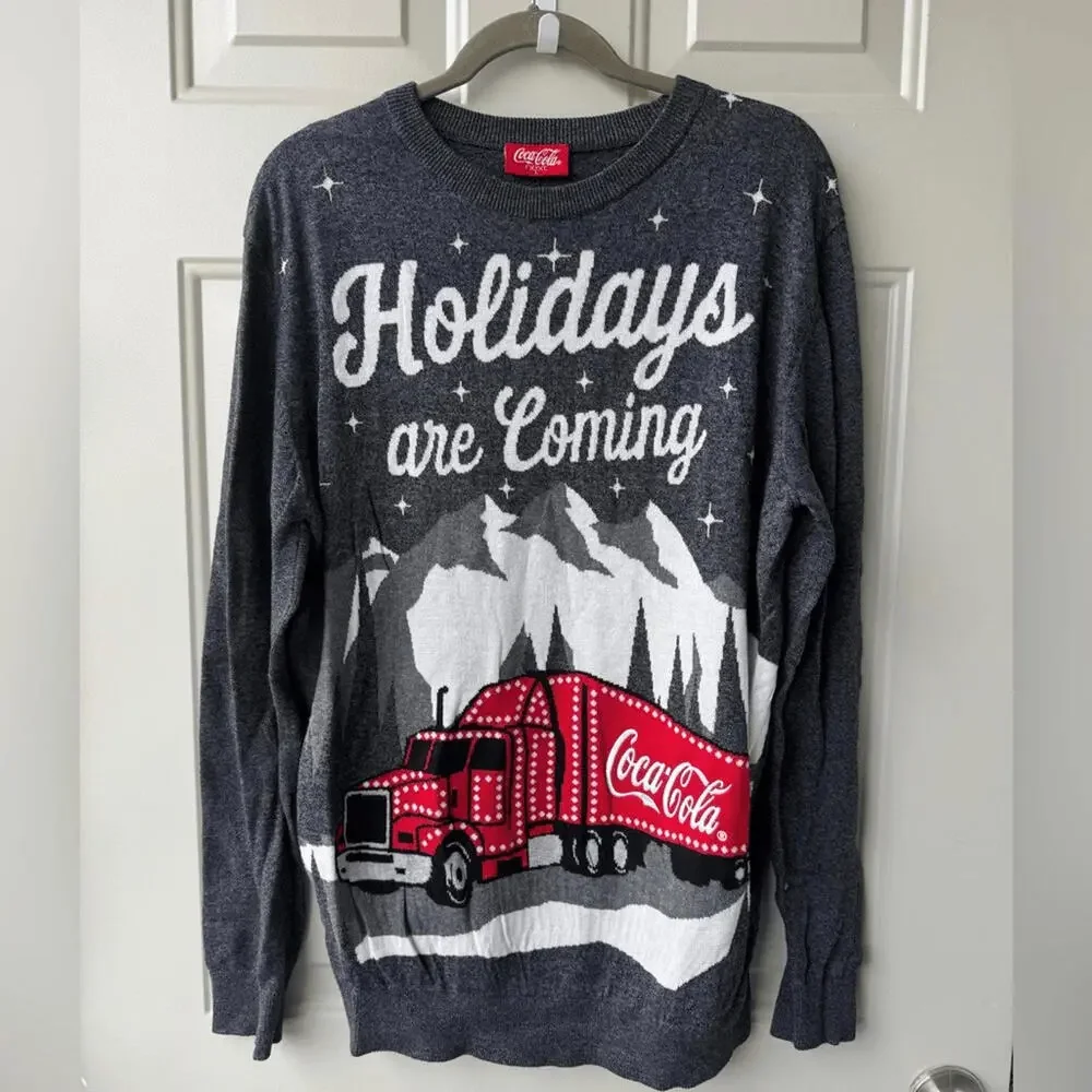 Coca-Cola Holidays Are Coming Christmas Truck Gray Sweater Size‎ Large L Y2K